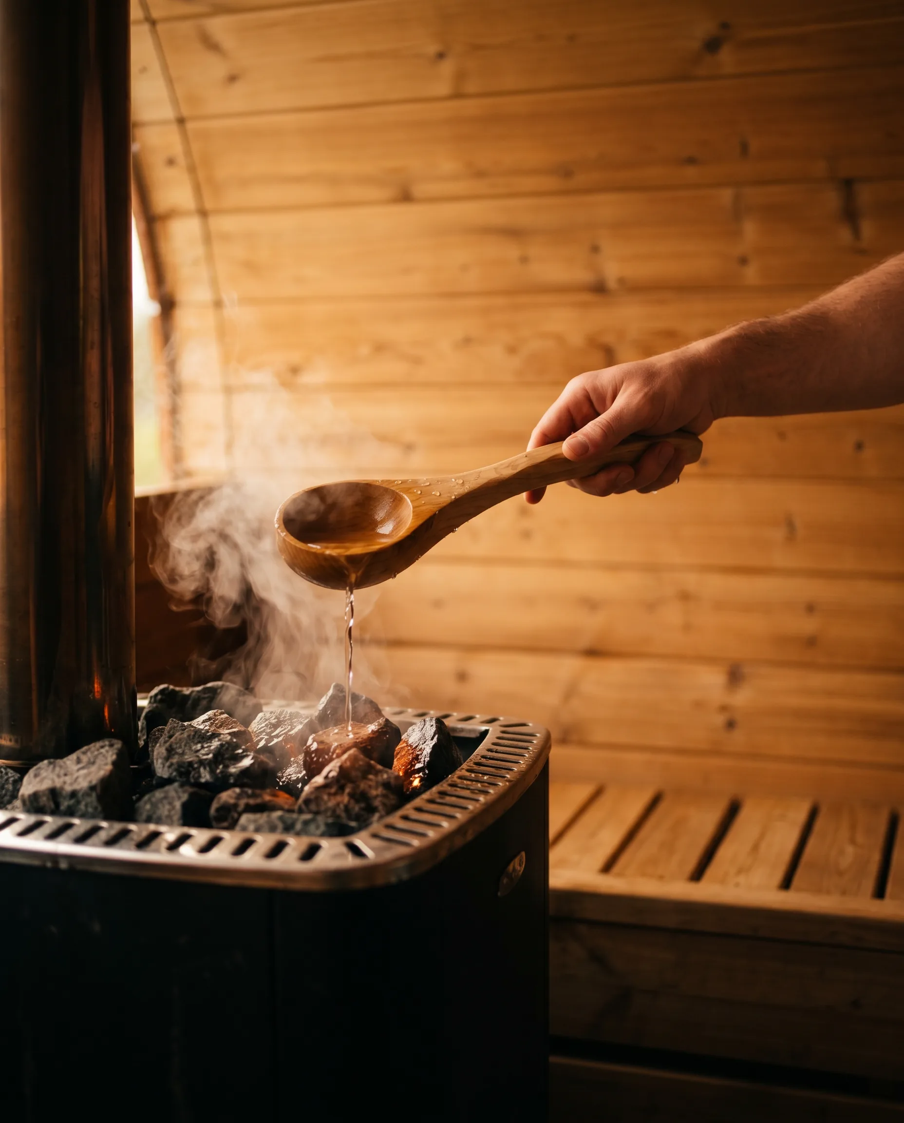 Eau versée à la louche sur les pierres chaudes du poêle, vapeur qui s'élève