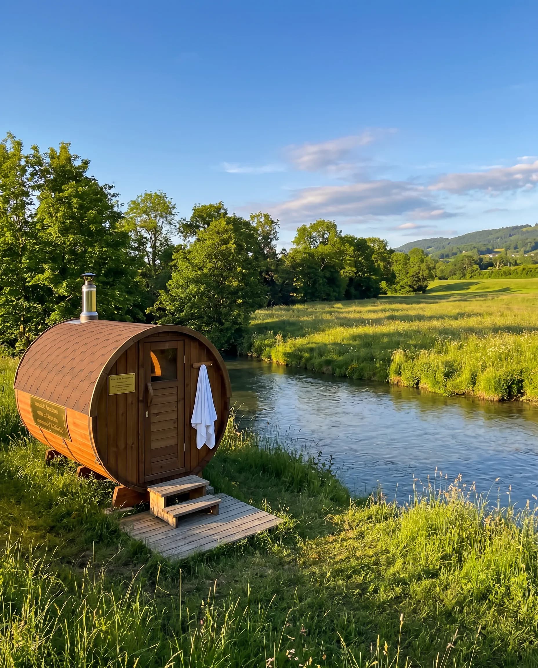Sauna tonneau sur une berge herbeuse au bord de la rivière à Fiez en été